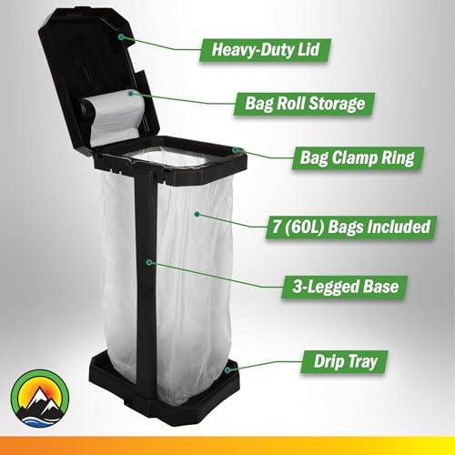 Wakeman Heavy Duty Black Trash Bag Portable Trash Bag Holder Stand with 7 Bags - Collapsible Trash Can Camping, RV, Kitchen, or Tailgate Party Garbage Bag Holder - color: Heavy Duty Black
