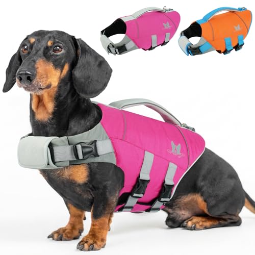 Nanaki Dog Life Jacket, XS Dog Float Life Vest for Swimming Boating-High Buoyancy Puppy Life Jacket with Rescue Handle Reflective Pet Swim Vest Adjustable Ripstop Floating Lifejacket,Dachshund,RoseRed - color: RoseRed, size: X-Small