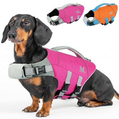 Nanaki Dog Life Jacket, XS Dog Float Life Vest for Swimming Boating-High Buoyancy Puppy Life Jacket with Rescue Handle Reflective Pet Swim Vest Adjustable Ripstop Floating Lifejacket,Dachshund,RoseRed - color: RoseRed, size: X-Small