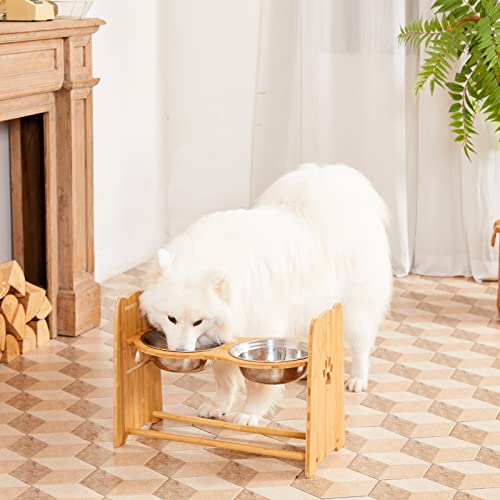 X-ZONE PET Elevated Dog Bowls for Cats and Dogs, Adjustable Bamboo Raised Dog Bowls for Large Dog, Food and Water Stand Feeder with 2 Stainless Steel Anti Slip Feet (Height 7.9" to 11.4" to 15")… - size: XL- Height 7.9" up to 15"