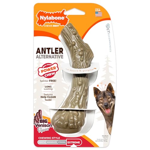 Nylabone Power Chew Antler Alternative Nylon Chew Toy for Dogs, Dog Toys for Aggressive Chewers, Venison Flavor, Medium/Wolf (1 Count) - size: Medium