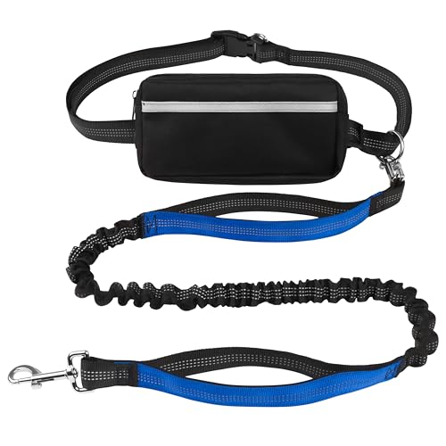 Hands Free Dog Leash with Waist Belt & Large Zipper Pouch, Waist Leash for Dog Walking, Running & Hiking, Reflective Stitching & Dual Padded Handles, Ideal for Medium to Large Dogs (Black Blue) - color: black blue