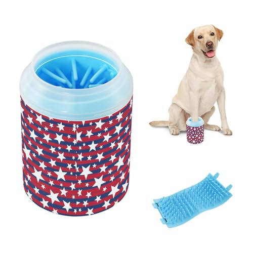 Stars Stripes Red Pattern Dog Paw Cleaner Cup with Soft Silicone Brush, Small Lightweight Portable Muddy Paw Washer for Dogs, Easy to Use Pet Foot Cleaner