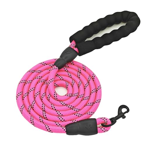 Heavy Duty Rope Dog Leash, 6.5 FT with Comfortable Padded Handle & Highly Reflective Threads, Tangle-Free Training Walking Leash for Small, Medium and Large Dogs (Pink, 6.5FT)