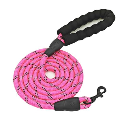 Heavy Duty Rope Dog Leash, 6.5 FT with Comfortable Padded Handle & Highly Reflective Threads, Tangle-Free Training Walking Leash for Small, Medium and Large Dogs (Pink, 6.5FT)