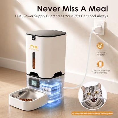 TYM Automatic Cat Feeder, 7L Large Capacity Cat Food Dispenser with Programmable Timer, Portion Control up to 9 Meals/Day, Dual Power Supply, Fresh Food, Easy to Clean for Cats and Small Dogs - color: White-1a