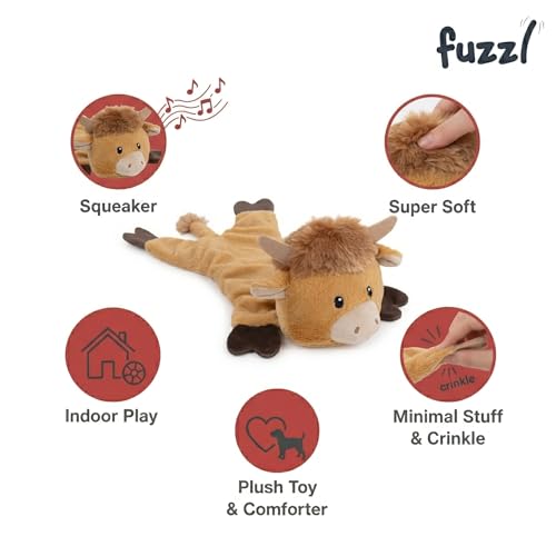 Fuzzl Harry Highland Cow Crinkle & Squeak Dog Toy – Low Mess Minimal Stuffing Plush Puppy Toy – Interactive Soft Squeaky Dog Toy for Small to Medium Dogs - style: Highland Cow
