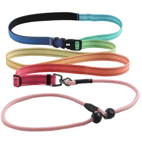 QQPETS Adjustable Slip Lead Dog Leash, Hands Free Waist Leash for Dog Walking, Reflective Training Lead with 360° Swivel Anti-Tangle, 4-7 ft Length for All Breeds - color: Rainbow colors