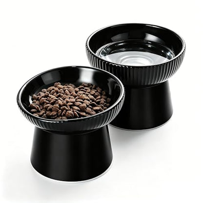 Elevated Cat Food Bowl, Ceramic Raised and Tilted Water Bowl, Whisker Fatigue Cat Bowls for Indoor Cats, Anti Vomiting and Protect Spines Pet Feeding Dishes for Kittens Small Dog, Heavy Non-Slip Base - color: Black