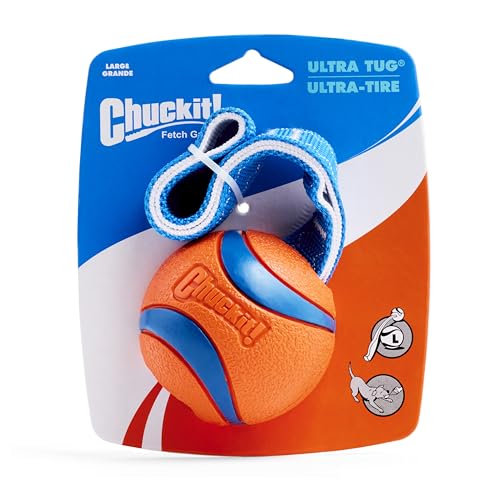 Chuckit! Ultra Tug Dog Toy - Ultra Ball on a Durable Nylon Cord Handle - Fetch and Tug-of-War Toy for Dogs - Size Large - For Breeds 60-100 lbs - 3-inch Diameter - Orange and Blue - size: Large, style: Ultra Tug