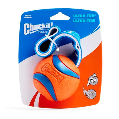 Chuckit! Ultra Tug Dog Toy - Ultra Ball on a Durable Nylon Cord Handle - Fetch and Tug-of-War Toy for Dogs - Size Large - For Breeds 60-100 lbs - 3-inch Diameter - Orange and Blue - size: Large, style: Ultra Tug