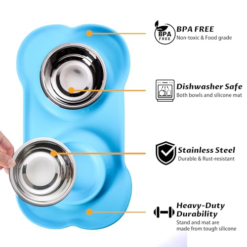 Hubulk Pet Dog Bowls 2 Stainless Steel Dog Bowl with No Spill Non-Skid Silicone Mat + Pet Food Scoop Water and Food Feeder Bowls for Feeding Small Medium Large Dogs Cats Puppies (Medium, Turquoise) - color: Turquoise, size: Medium