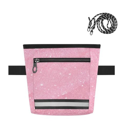 Dog Treat Pouch Magnetic Closure Reflective Webbing Training Bag with Adjustable Waist Belt Crossbody Strap Zippered Pocket, Pink Glitter Texture