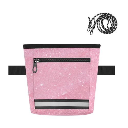 Dog Treat Pouch Magnetic Closure Reflective Webbing Training Bag with Adjustable Waist Belt Crossbody Strap Zippered Pocket, Pink Glitter Texture