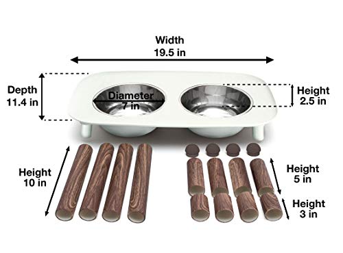Messy Mutts Elevated Double Feeder with Stainless Bowls | Adjustable Height 3”, 5”, or 10” | Adjustable Standing Feeder for Dogs | 5 Cups per Bowl | Light Grey with Faux Wood Legs - color: Light Grey, Faux Wood Legs