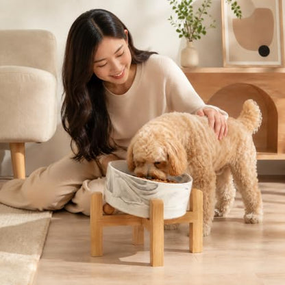 hjn Elevated Ceramic Dog Bowl 15°Slanted Raised Dog Bowl with Bamboo Stand for Small Medium Dogs and Cats, Pet Feeder -3.6-Cup (850ml)-Marble Gray - color: Marble Gray, size: 3.6Cup