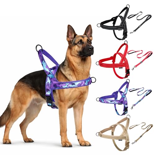 No Pull Dog Harness and Leash Set-Vest Harness with Handle&5FT Dog Leash with Car Seatbelt Clip,Breathable Mesh&Quick Fit Dog Harness Easy for Medium Large Dogs Training Walking(Camo Purple,L) - color: No Reflective-Camo Purple, size: L:Belly Chest-25.8''