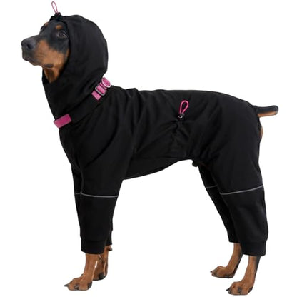 Kouser Waterproof Full-Body Coverage Dog Raincoat, Black 2XL | Dog Raincoat with Reflective Stripes, Adjustable Dog Rain Jacket with Leash D-Ring, Hooded Poncho for Small Medium Large Dogs - color: Black, size: XX-Large(Back Length:23.62")