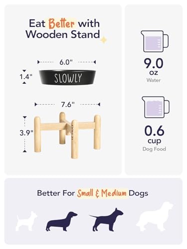 LE TAUCI PET Ceramic Slow Feeder Dog Bowls Elevated, 0.6 Cups Raised Dog Bowl with Wooden Stand for Small Breed to Slow Down Eating, Puzzle Food Bowl,Black - color: Black+Stand, size: S-0.6 Cups