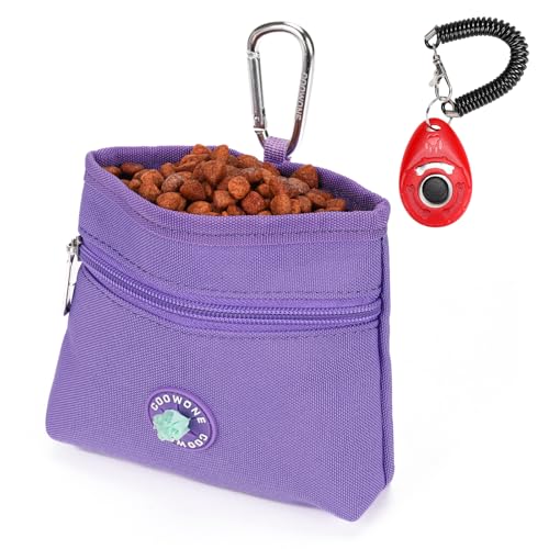 Dog Treat Pouch with Pet Training Clicker, Detachable Dog Puppy Training Treat Bag, 900D Oxford Cloth Magnetic Closure Small Dog Walking Bag for Travel or Outdoor Use (Purple) - color: Purple
