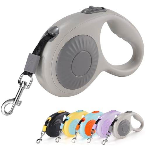 JSXD 360° Tangle-Free Retractable Dog Leash with One-Handed Brake, Pause, Lock, 10 ft Strong Nylon Tape Pet Walking Leash,Suitable for Cats, Small and Medium Dogs up to 66 lbs (Grey, 10 ft) - color: Grey
