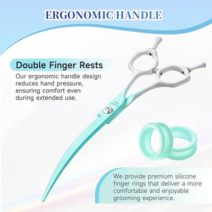 7'' Curved Dog Grooming Scissors Green to White Gradient | 440C Stainless Steel, Sharp Durable, Professional or Home Use, Ergonomic Handle with 2 Silicone Finger Rings - color: Green