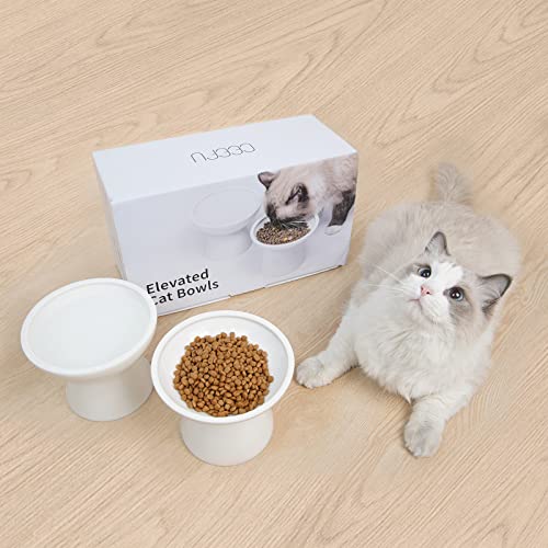 CEEFU 2 Elevated Ceramic Cat Bowls Extra Wide for Food & Water – Whisker Fatigue Shallow Food Dish, Lead & Cadmium-Free, Raised Height for Cats and Dogs, White - color: White