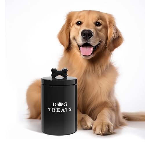 Barnyard Designs Large Dog Treat Container Airtight with Lid, Cute Rustic Ceramic Dog Treat Storage Jar for Kitchen Counter (Black) - color: Black