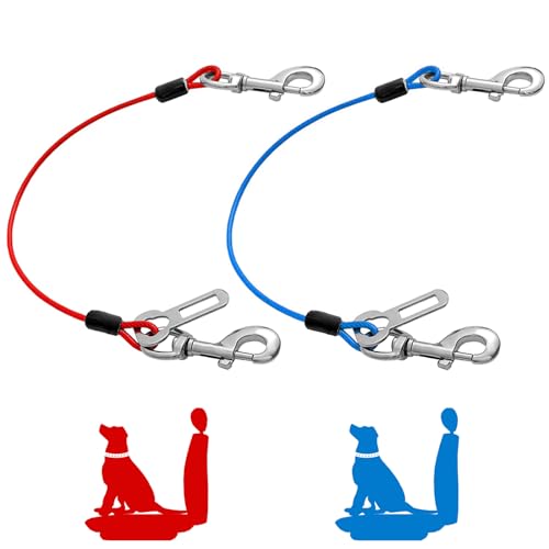 Dog Seat Belt Harness for Car,2pcs Dog Seatbelt of Coated Wire Leash Safety Restraint,No Chew Tether Cable Vehicle Dogs Accessories,Double Clips & Latch (2 Pack Red+Blue, 16 inch/40 CM) - color: 2 Pack Red+Blue, size: 16 inch/40 CM