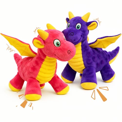 Squeaky Dog Toys - 2 Pack Plush Dragon Dog Toys with 5 Squeakers, Crinkle Wings & Ears, Soft Cute Dog Toys for Boredom, Small Medium Dogs and Gentle Large Dogs (Pink & Purple,10") - color: Pink & Purple