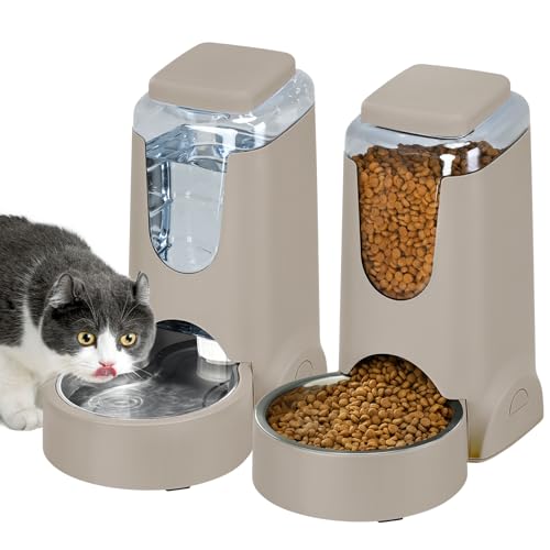 2 Pack Automatic Cat Feeder and Stainless Steel Water Dispenser, Gravity Dog Waterer Set Food Feeder and Waterer Set for Small Medium Kitten Puppy Pets(1 Gallon x 2, Brown) - color: 1 Gallon x 2 - Brown