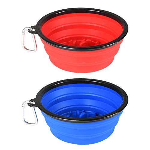 Collapsible Dog Bowls, Large Portable Travel Dog Bowls, 34oz Foldable Dogs Water Food Slow Feeder Bowl, Collapse Feeding Dish for Walking, Traveling, Hiking, Camping (2 Pack) - color: 34ozSlow Feeder-Blue&Red