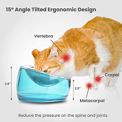 Felli Pet Oblik Whisker Fatigue Cat Food Bowl Raised Stainless Steel Shallow Dish, Pet Design Anti Vomit Tilted Metal Plate Feeder Elevated Acrylic Base(Sapphire, 0.5 Cups Shallow Dish) - color: Sapphire, size: 0.5 Cups Shallow Dish