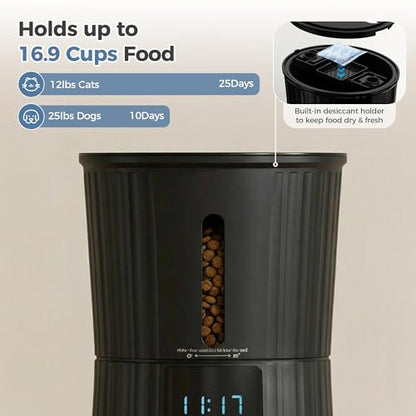 DUMOS Automatic Cat Feeder, 4L Timed Cat Food Dispenser with APP Control, 10s Voice Recorder, Dual Power Supply, 2.4G WiFi Indoor Programmable Pet Feeder with Desiccant for Small Cats and Dogs, Black