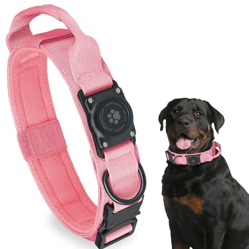 Tactical AirTag Dog Collar, 100% Waterproof Integrated Apple Air Tag Dog Collars with Hard PC AirTag Holder, Adjustable Military Collar with Handle, GPS Dog Collar for Medium Large Dogs(Pink,M) - color: Pink, size: M (15-18.5'')