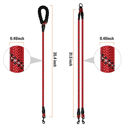 Double Dog Leash Reflective Detachable Coupler &360° Swivel Tangle Free, Heavy Duty Rope Leash Control with Padded Handle for Dual Large Medium Dogs Walking Running Training (Red) - color: Red