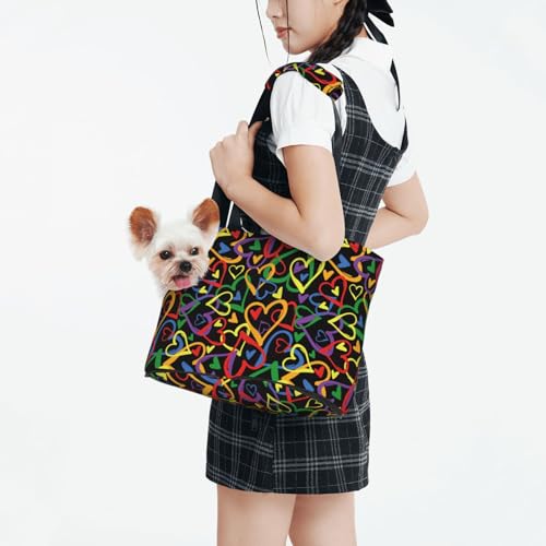 Dog Purse Carrier with Safety Hook - Foldable & Hands-Free Dog Cat Carrier Bag for Subway, Travel, Shopping up to 20lbs,Heart Pattern - color: Heart Pattern