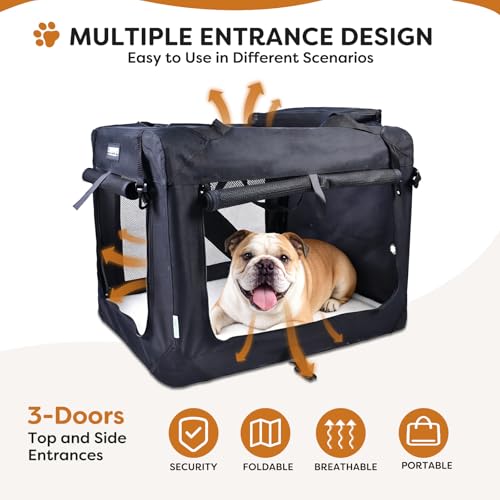 JESPET Soft Dog Crates Kennel for Pets, 3 Door Soft Sided Folding Travel Pet Carrier with Straps and Fleece Mat for Dogs, Cats (Graphite Black, Large(30" L x 21" W x 23" H)) - color: Graphite Black