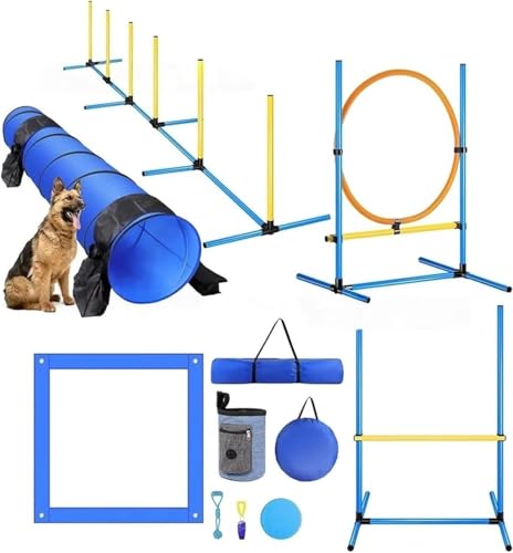 Dog Agility Training Equipment Set - Portable Agility Course with 9ft Tunnel, Weave Poles, and Hoop Jumps for Indoor & Outdoor Training