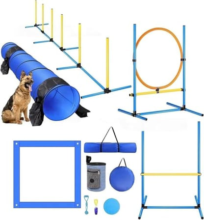 Dog Agility Training Equipment Set - Portable Agility Course with 9ft Tunnel, Weave Poles, and Hoop Jumps for Indoor & Outdoor Training