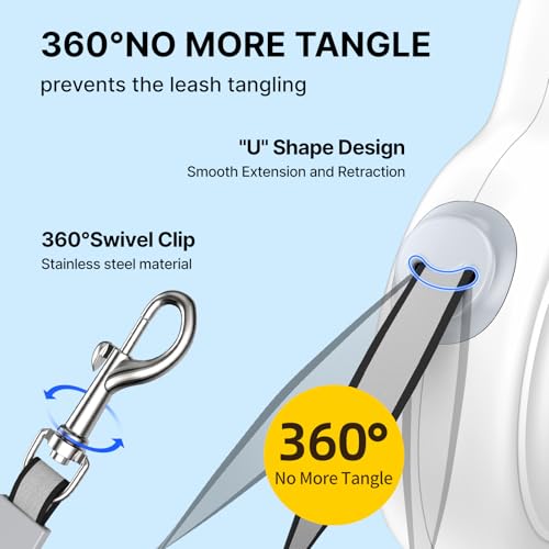16Ft Auto-Brake Retractable Dog Leash with Chew-Proof Steel Cable, 360° Tangle-Free, Shock Absorbing, Built-in Poop Bag Dispenser - color: White, size: 16Ft-Large