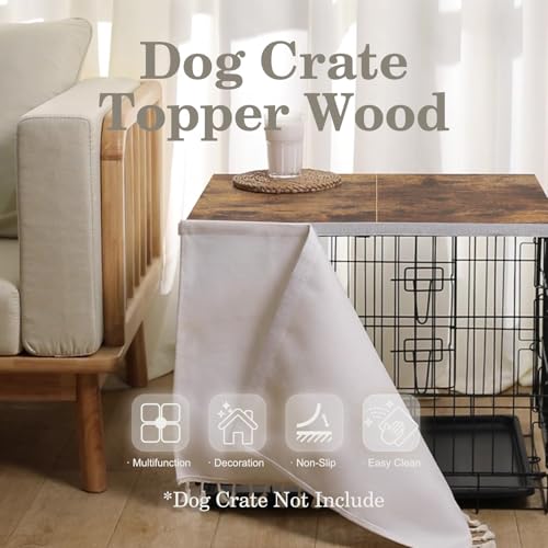 VIE DE AMAN Dog Crate Topper Wood for 24 30 36 42 48 inch Cages, Table Foldable Dog Kennel Topper with Tassel Curtain, Rustic Style Top Rustic Brown(Dog Crate Not Include) - size: For 24 inch crate（No Crate）