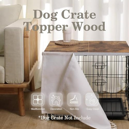 VIE DE AMAN Dog Crate Topper Wood for 24 30 36 42 48 inch Cages, Table Foldable Dog Kennel Topper with Tassel Curtain, Rustic Style Top Rustic Brown(Dog Crate Not Include) - size: For 36 inch crate（No Crate）