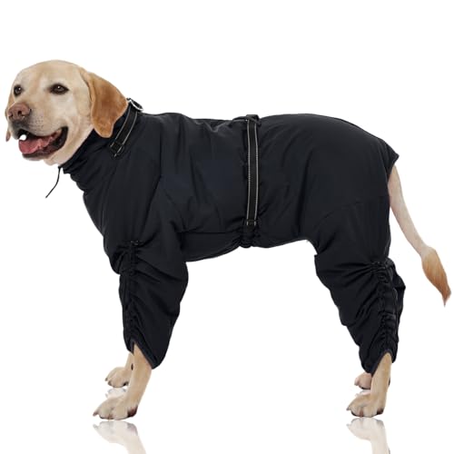 FUAMEY Full Body Dog Coat,Warm Dog Fleece Jackets with Harness Built in Windproof Dogs Snowsuit Zip up Pet Four Legged Pets Jumpsuit Winter Outfit Cold Weather Coats for Extra Large Dogs Black XXXL - color: Black, size: XXX-Large