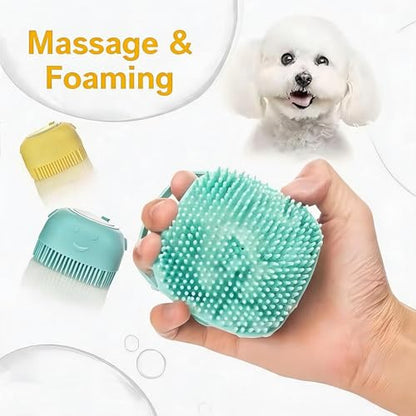 2-in-1 Dog Bath Brush with Built-in Shampoo Dispenser, Soft Silicone Bristles Grooming Scrubber, Non-Slip Handle Massage Brush for Long & Short Haired Dogs, Cats and Small Pets