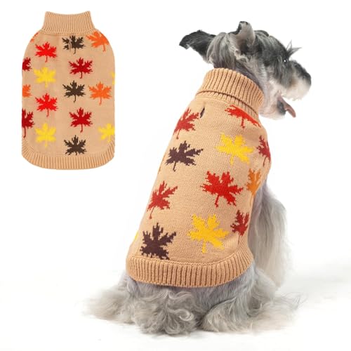 BEAUTYZOO Fall Dog Sweater - Turtleneck Knitwear for Small Dogs, Girls Boys, Maple Leaf Cable Knit Puppy Pullover, Cat Apparel in Cold Weather (Khaki, XS) - color: Maple Leaf Khaki, size: XS (Back: 10",Chest: 14", Neck: 9")