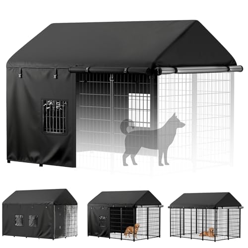 PawGiant Dog Kennel Cover Outdoor, Full Coverage Waterproof Tarp for 8x4x6ft Dog Crate with 600D Oxford Fabric, 4 Transparent Window & Door Curtains for Enclosure Outside, Medium - size: Medium