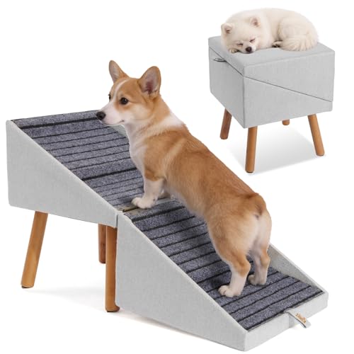 Dog ramp for Small Dogs, 2-in-1 Pet Steps & Ottoman - Foldable Dog ramp for Couch, Non-Slip Wooden Pet ramp for Puppy Senior Injured Dogs (Light Grey, XL(17.13H)) - color: Light Grey, size: XL(17.13H)