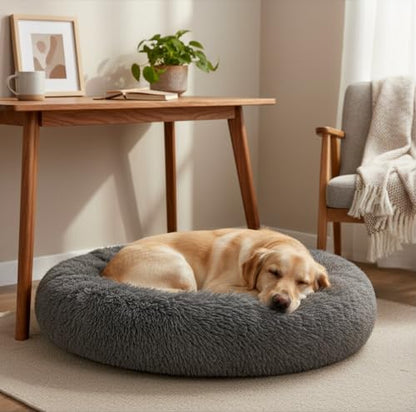 The Dog’s Bed Calming Donut Dog Bed, Plush Faux Fur Round Cuddler Nest – CertiPUR-Certified Foam, One-Piece Design, Raised Bolster – Large (36"), Grey