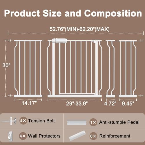 WAOWAO Baby Gate 134-158cm(53-62인치) 엑스트라 와이드 압력 장착 워크 스루 스윙 자동 닫힘 안전 화이트 메탈 유아 어린이 개 애완동물 강아지 계단, 출입구, 주방용 - color: 화이트., size: 52.8-61.8"/134.11-156.97cm